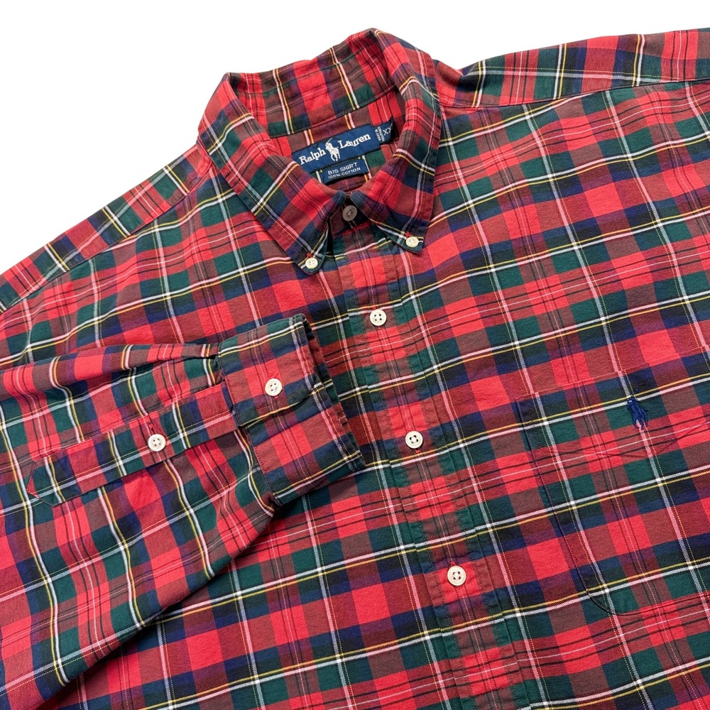 Vintage Ralph Lauren Big Shirt 90s Mens XXL Red Plaid Oxford Cotton Button Down